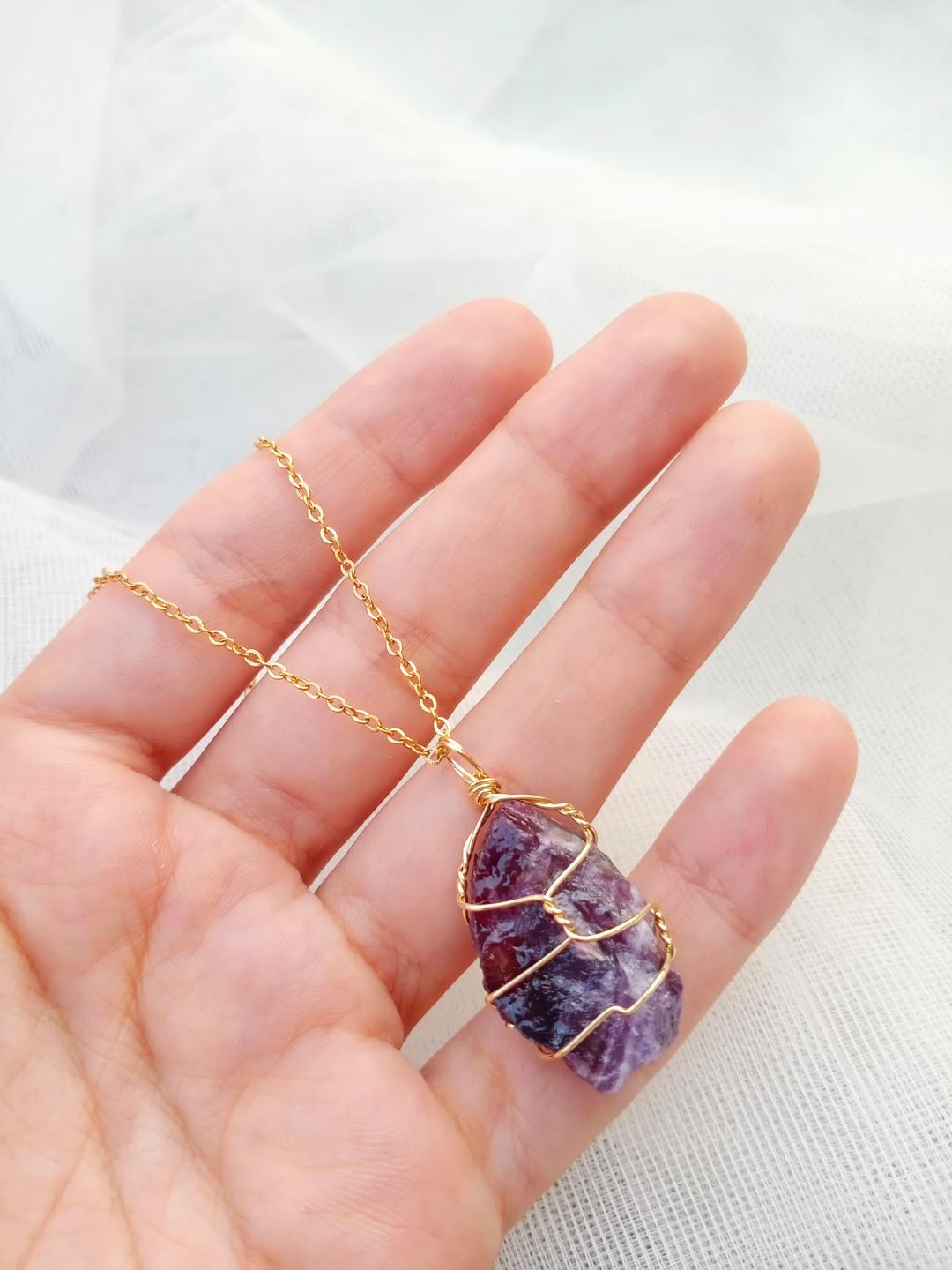 Funky Gold Plated Purple Gemstone Pendant Necklace - Unique Adjustable Design