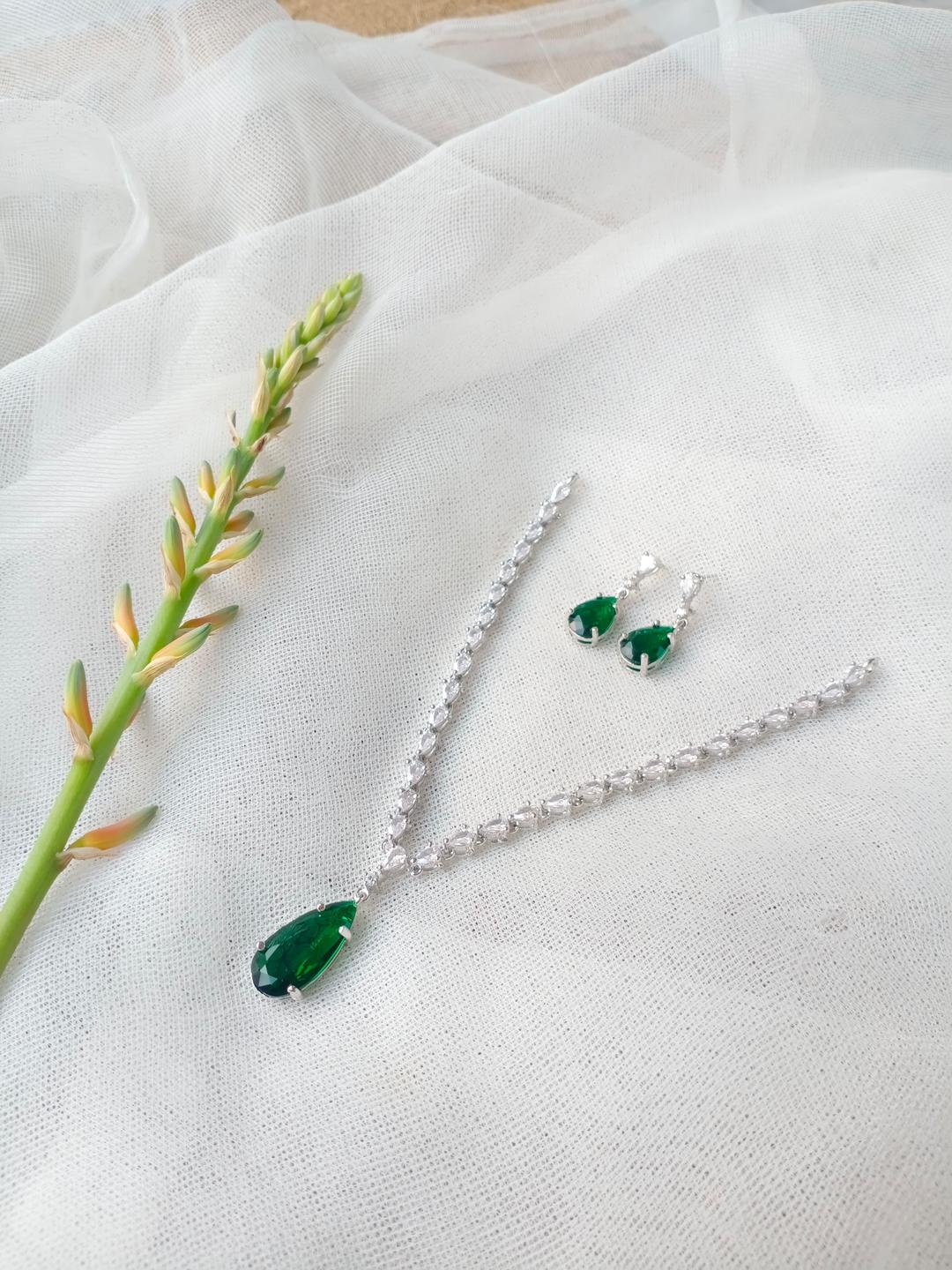 Modern Green Zircon Silver Plated Pendant Set - 3 Pcs