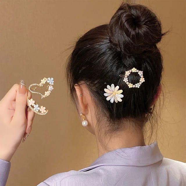 Flower Design Gold Plated Artificial Stones Hair Pin