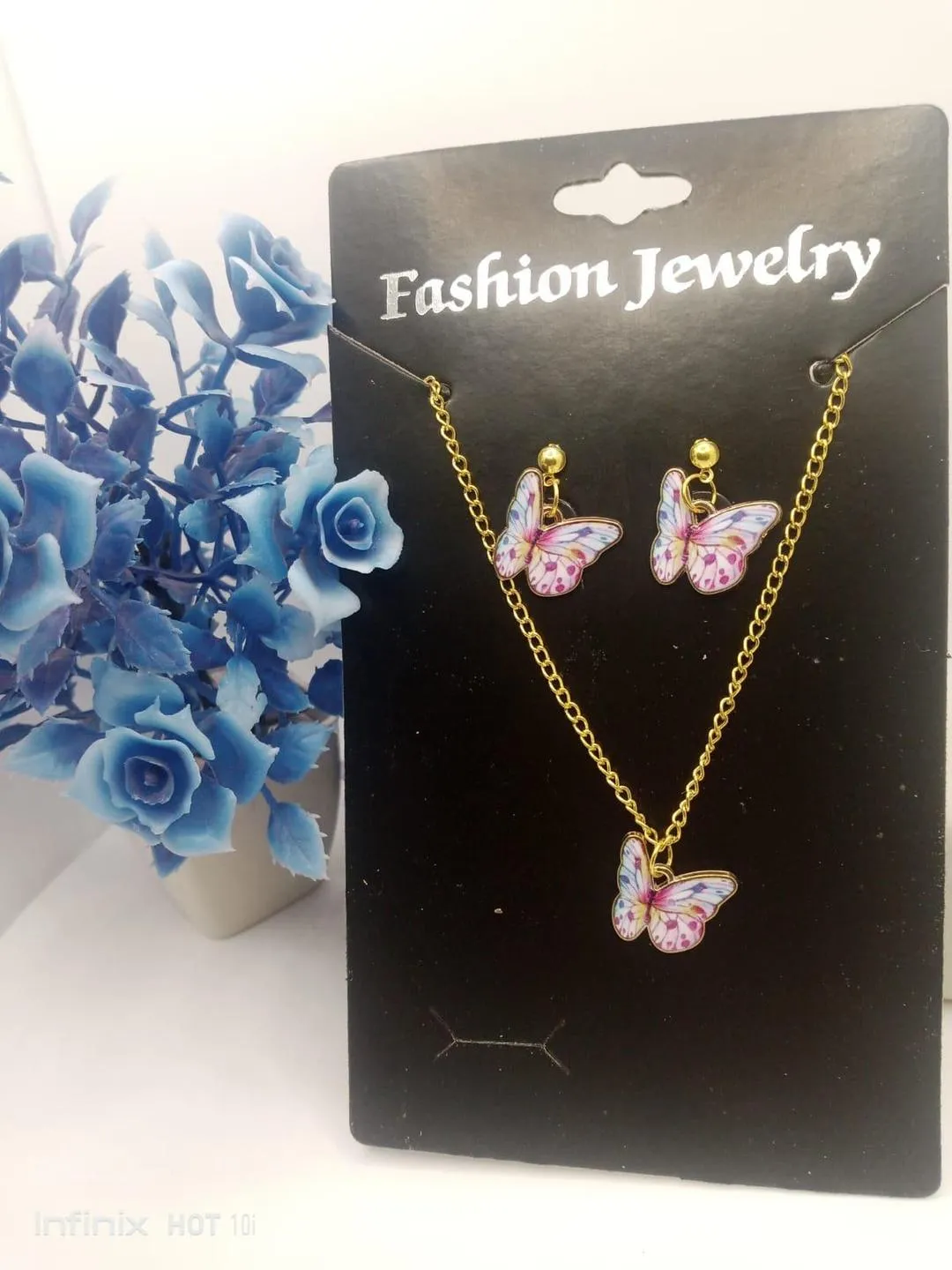 2 Layered Acrylic Plated Rhinestone Necklace Set