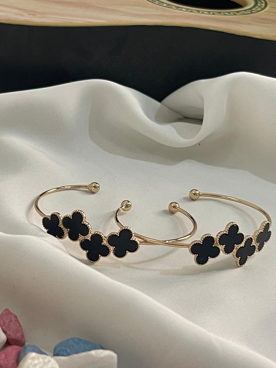Funky Gold Plated Kara Bracelet with Black Resin Stone - 2 Pcs Elegance