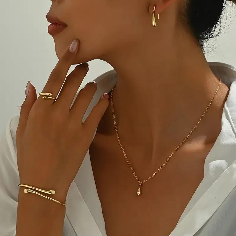 4pcs Vintage Style 18K Golden Plated Jewelry Set for Women: Necklace, Bracelet, Earrings, and Ring