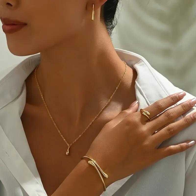 4pcs Vintage Style 18K Golden Plated Jewelry Set for Women: Necklace, Bracelet, Earrings, and Ring - Image 2