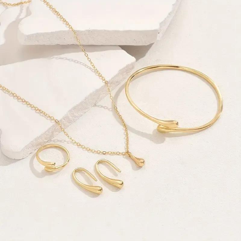 4pcs Vintage Style 18K Golden Plated Jewelry Set for Women: Necklace, Bracelet, Earrings, and Ring - Image 5