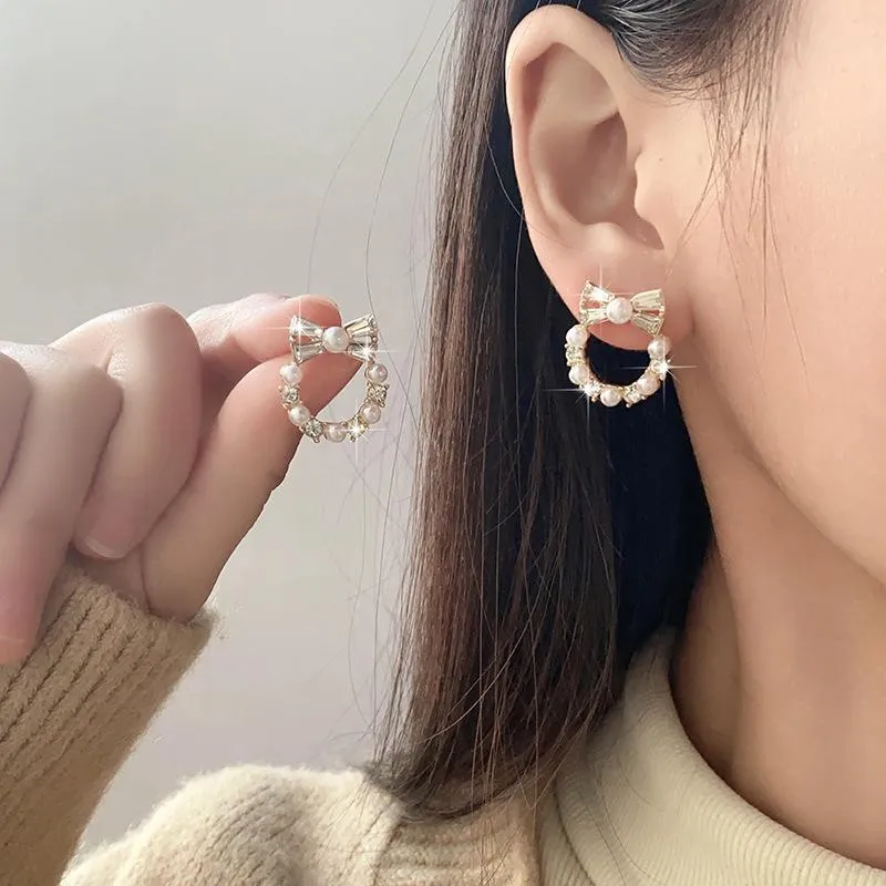 Cat Shape Bow Zircon Korean Earrings