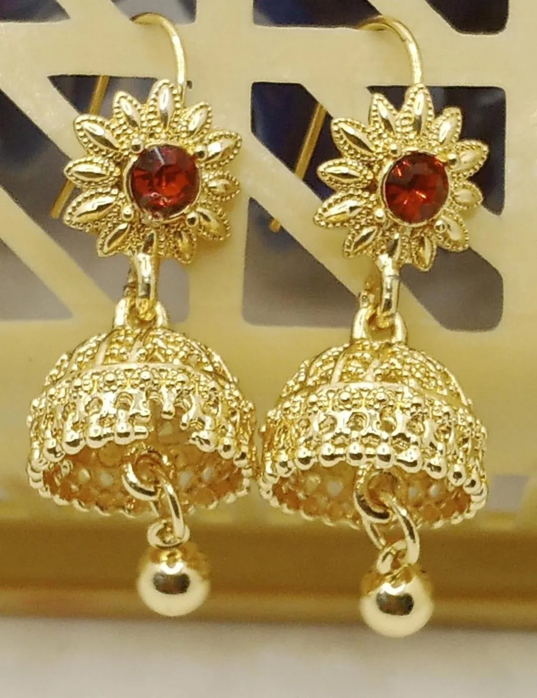 2 Layered Gold Plated Gemstone Jhumka - Image 2